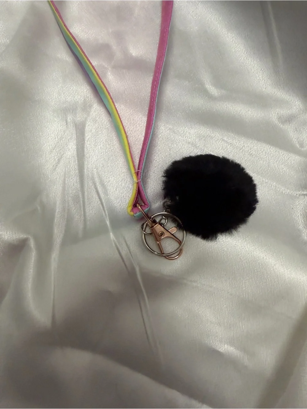 Handmade Rainbow Wristlet Keychain with Black Pompom